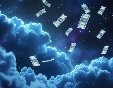 Dollars flying in space between clouds