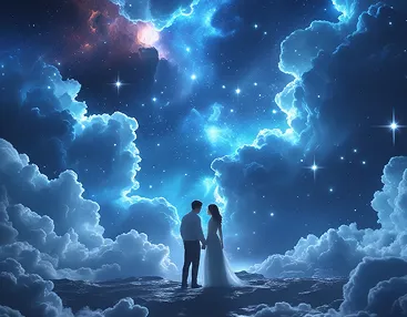 Man and woman standing on clouds in space